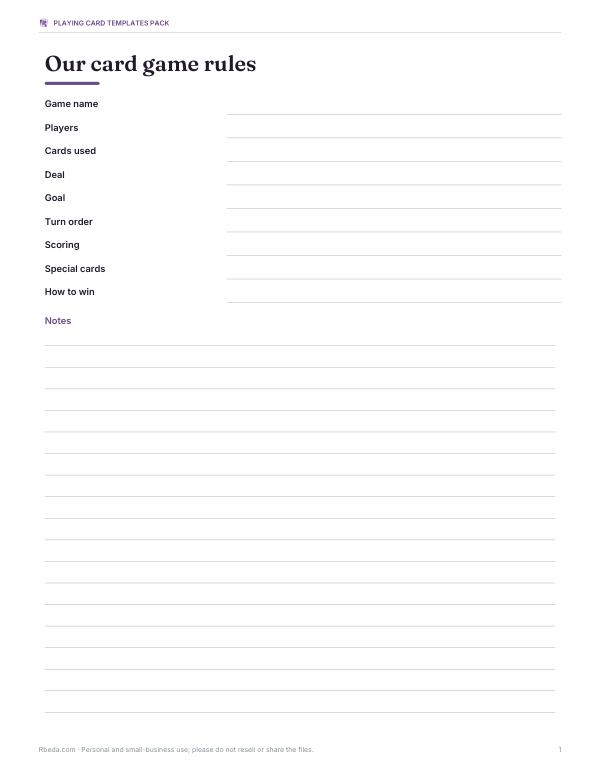 Preview of Printable Card Game Rules Sheet