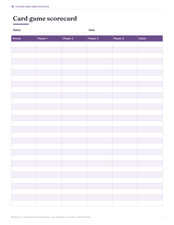 Preview of Printable Card Game Scorecard